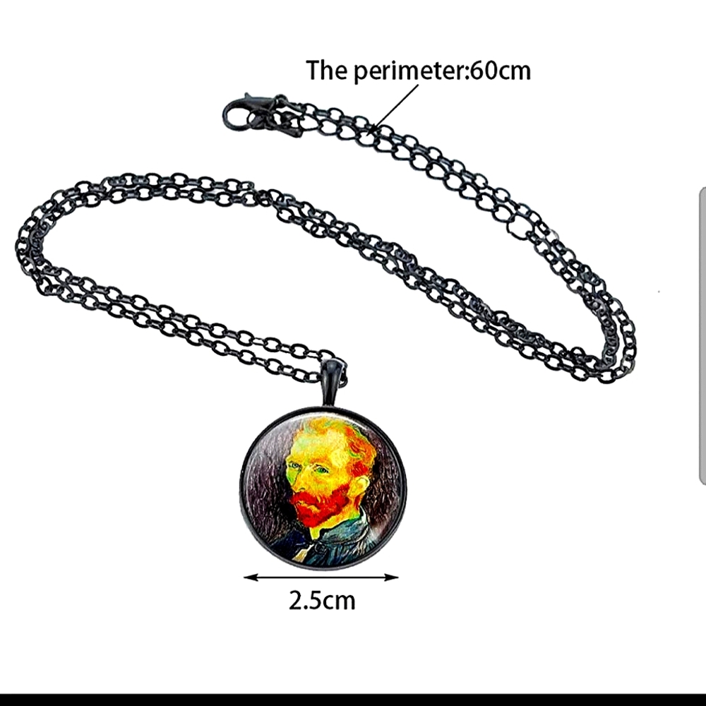 Vincent Van Gogh Painting Pendant, 2.5 cm, with Black Metal Chain, 60cm. NWT